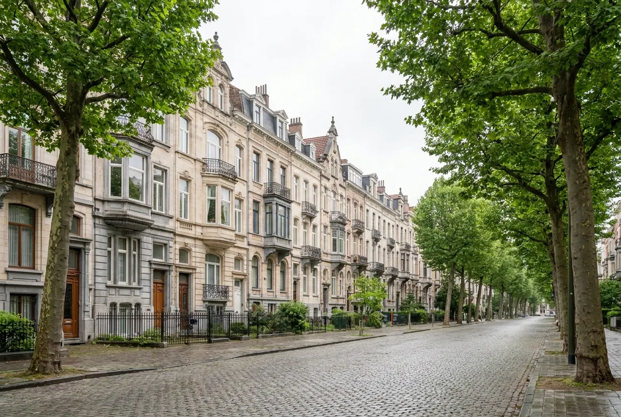 plane-tree-lined Avenue Brugmann with eclectic townhouse facades