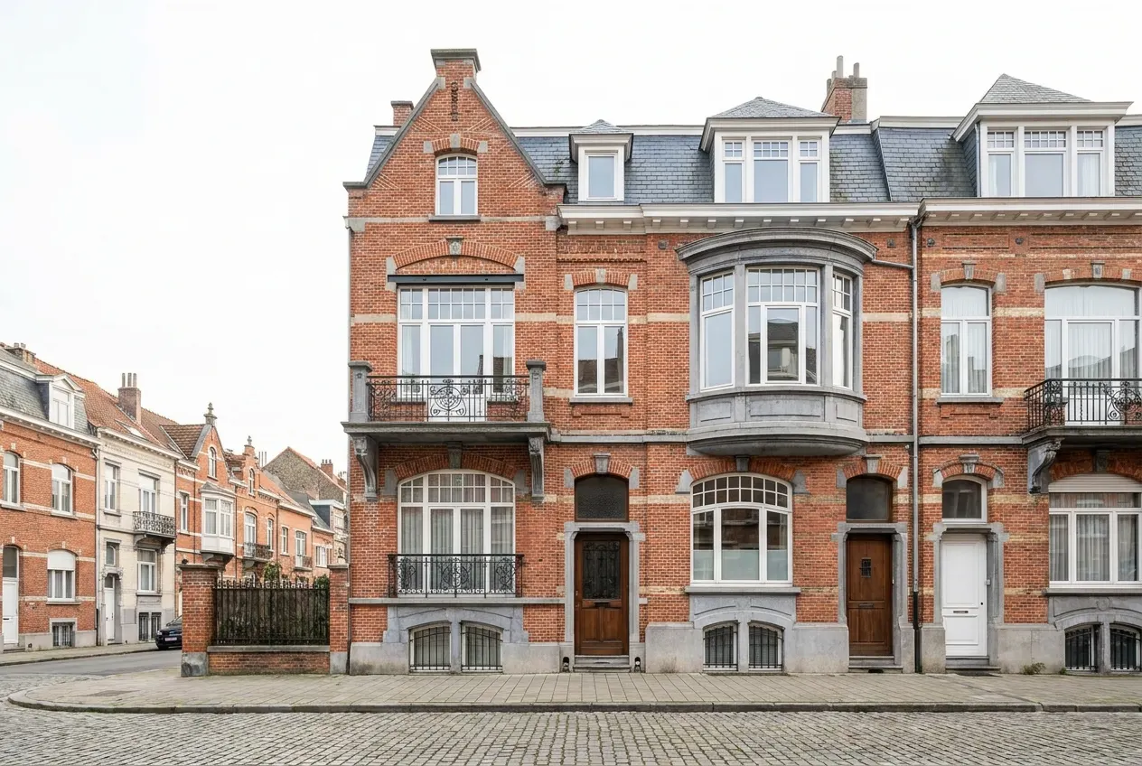 red brick eclectic townhouse with blue stone balcony, Rue Franz Merjay