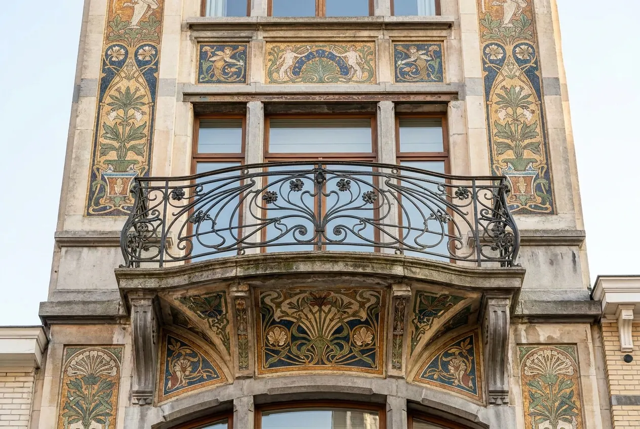 Art nouveau facade detail with sgraffiti and ironwork balcony, Rue Americaine
