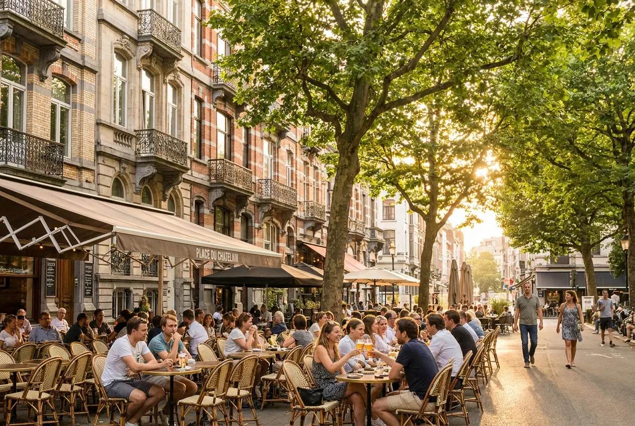 Place du Chatelain on market day, terraces and eclectic facades