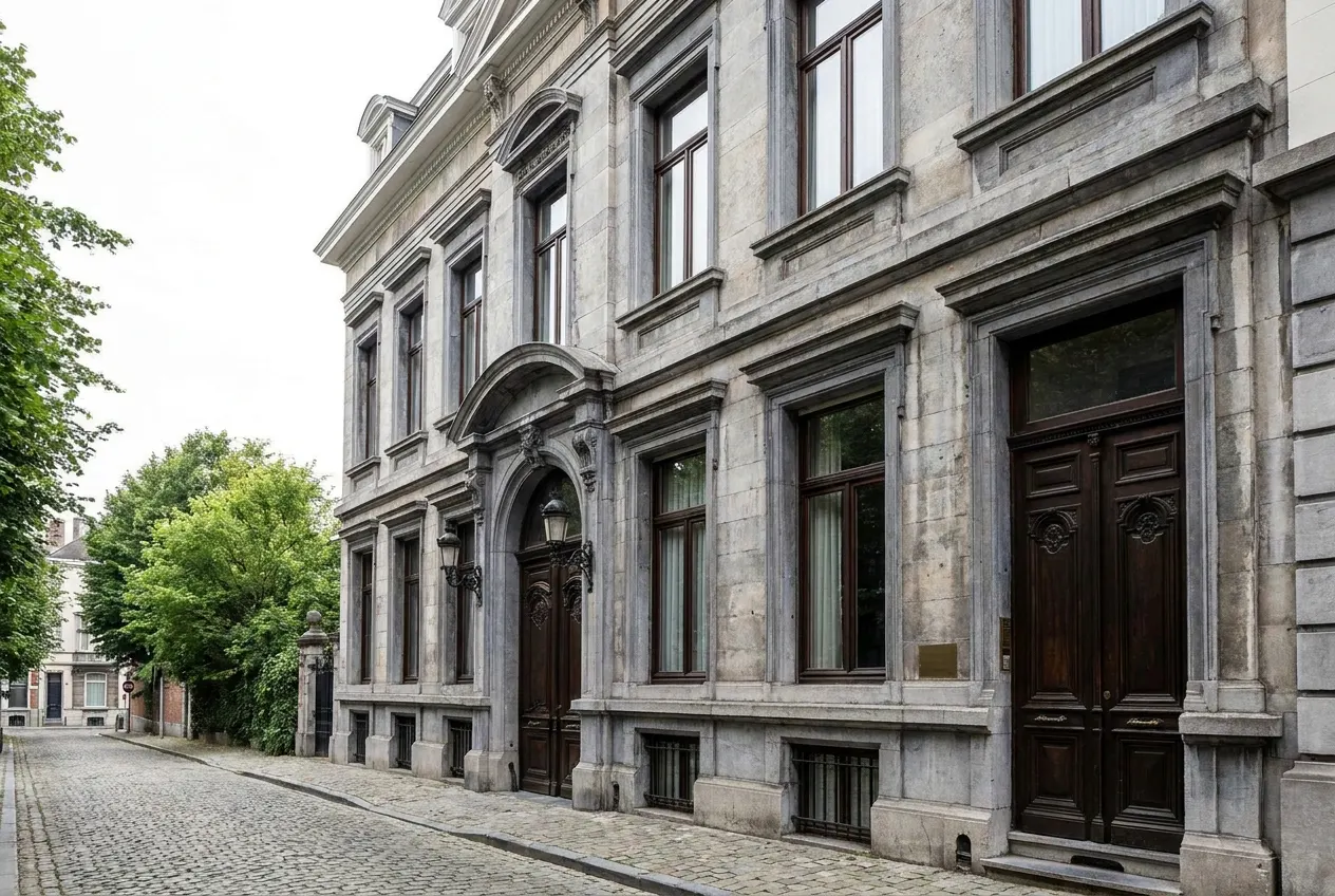 neoclassical facade with blue stone and period woodwork, side street off Avenue Louise