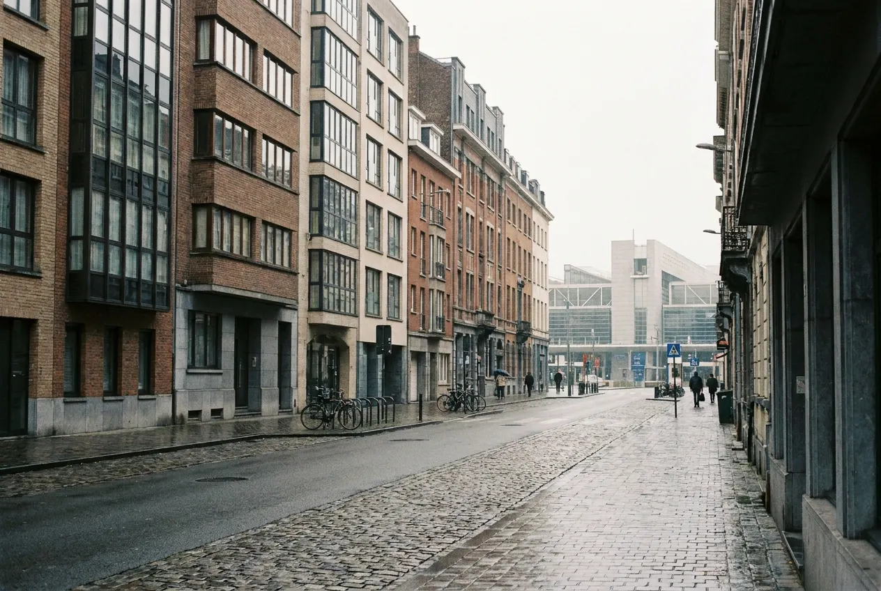 Parvis de Saint-Gilles with renovated eclectic facades, cafe terraces