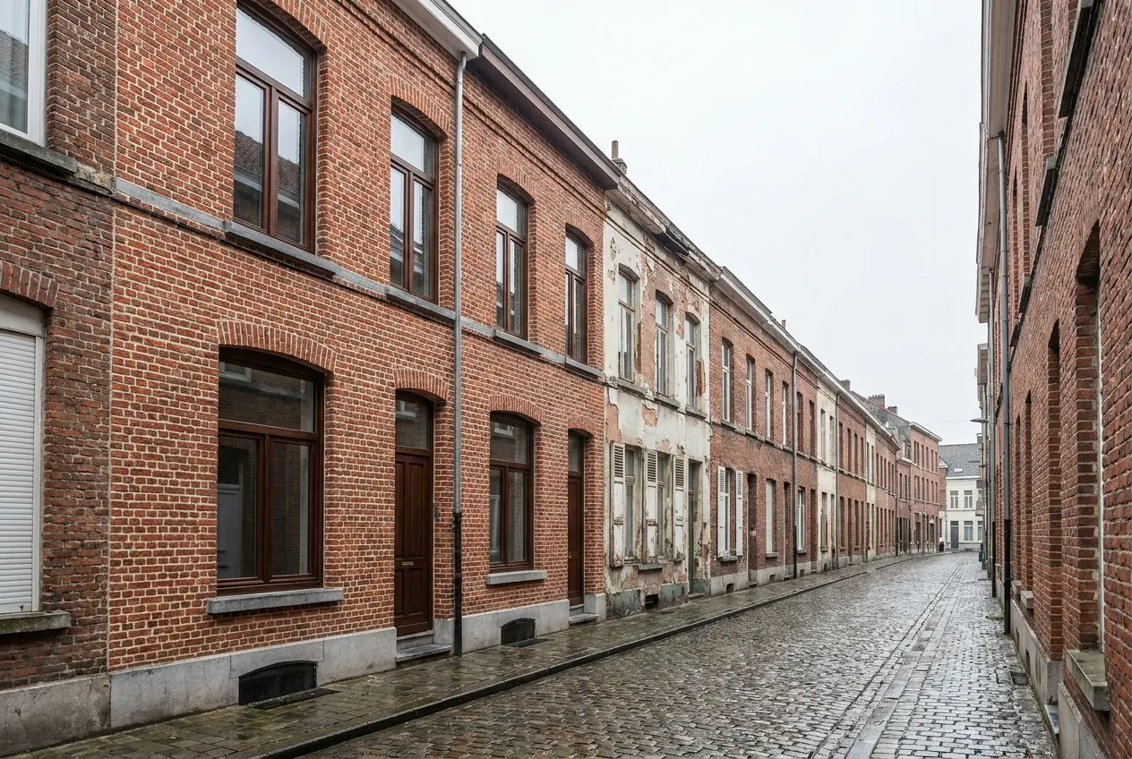 19th-century brick workers' houses on a Midi district side street, mixed renovation states