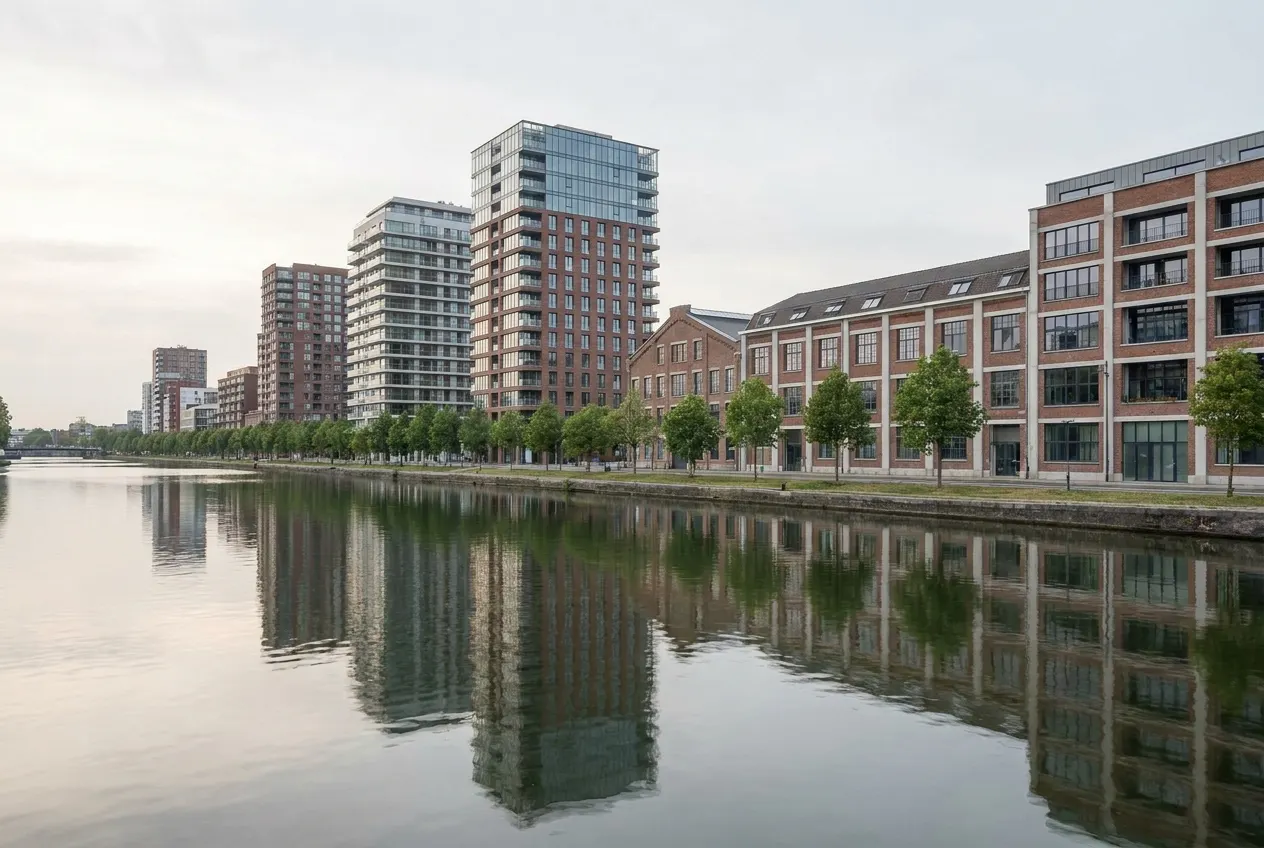 canal-side new-build residences near the Pont Van Praet, Brussels North
