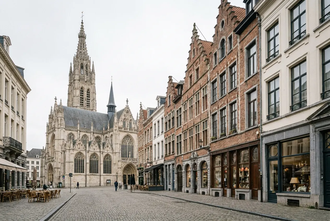 Grand Sablon square with Notre-Dame du Sablon church and antique dealers
