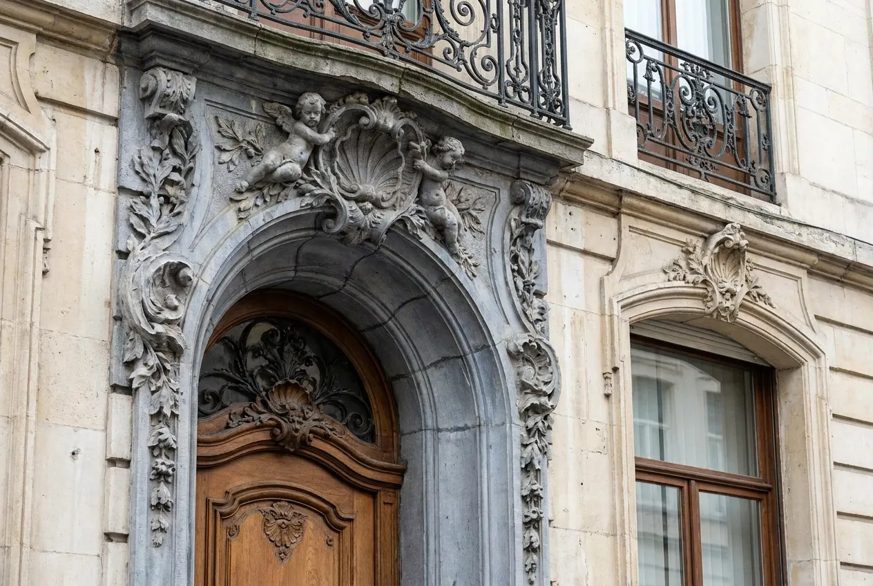 sculpted blue stone portal and Louis XV facade detail, Rue Bodenbroek